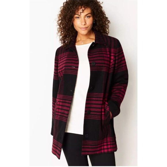 J Jill Buffalo Plaid Peacoat Wool Size Small Black & Red Winter Jacket Holiday - Picture 4 of 14